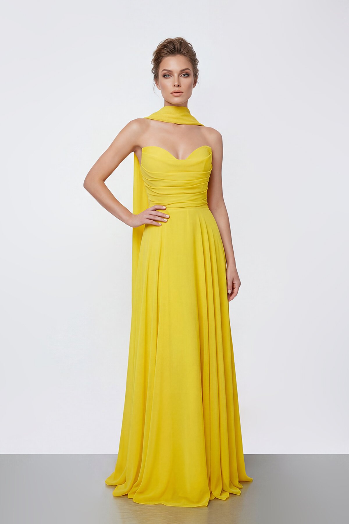 Drapeli Straplez Şifon Uzun Abiye - 2051