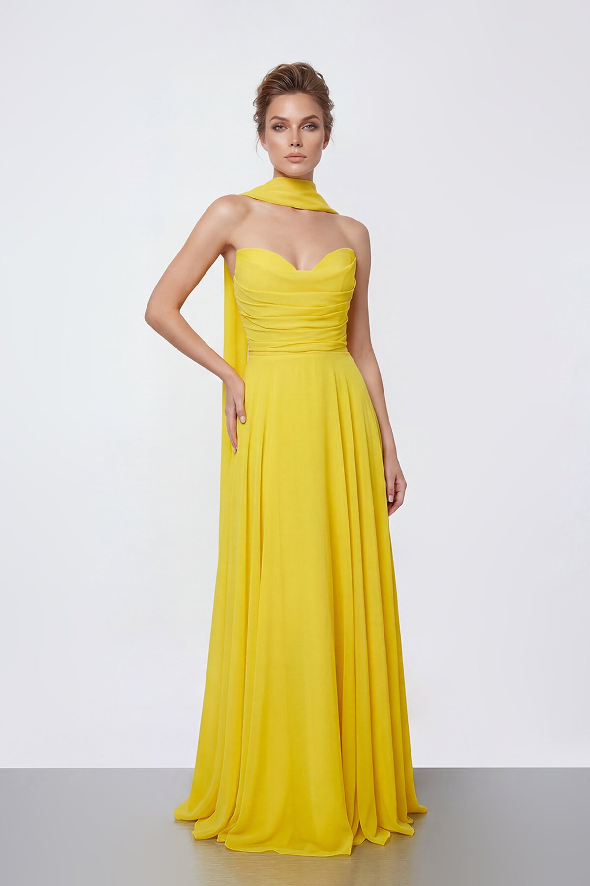 Drapeli Straplez Şifon Uzun Abiye - 2051