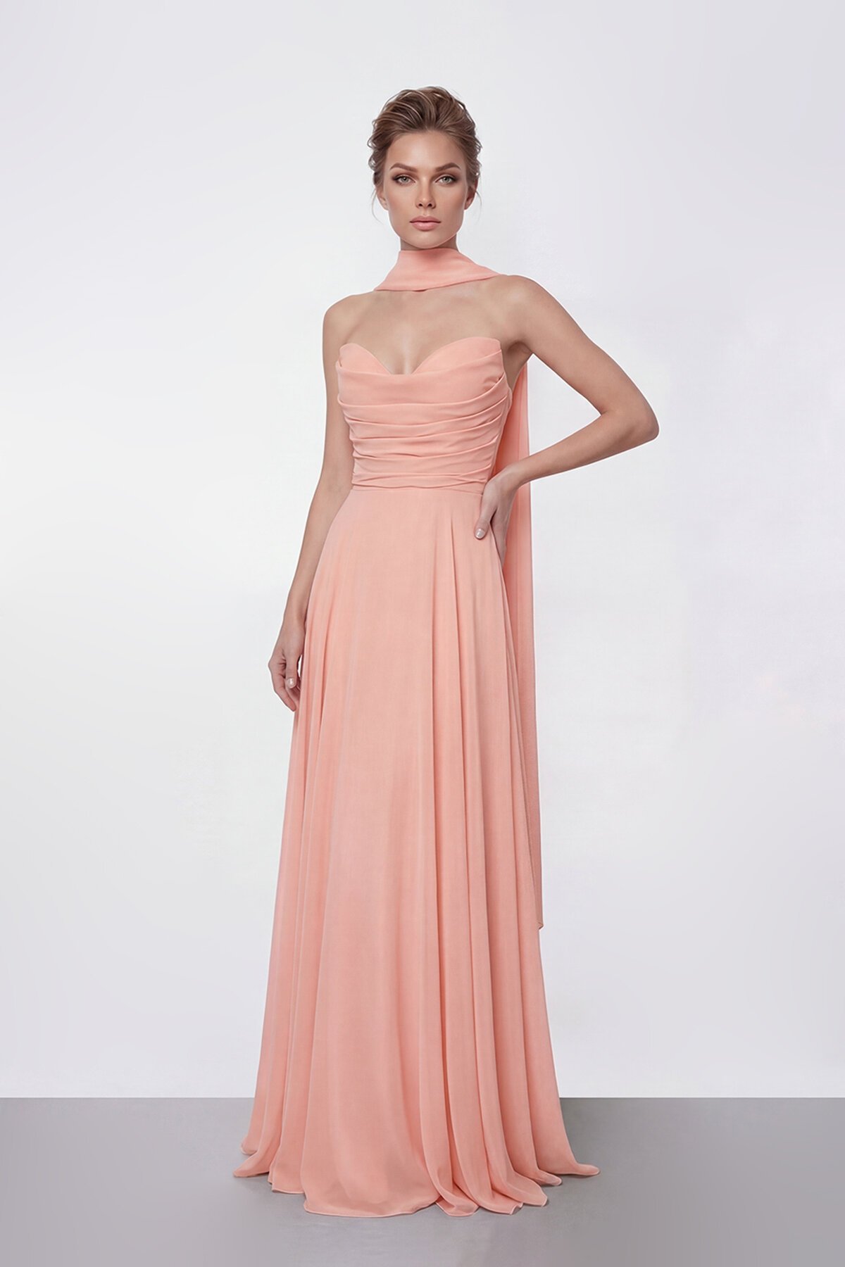 Drapeli Straplez Şifon Uzun Abiye - 2051