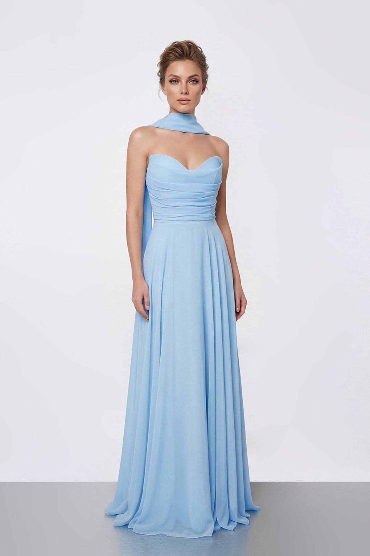 Drapeli Straplez Şifon Uzun Abiye - 2051