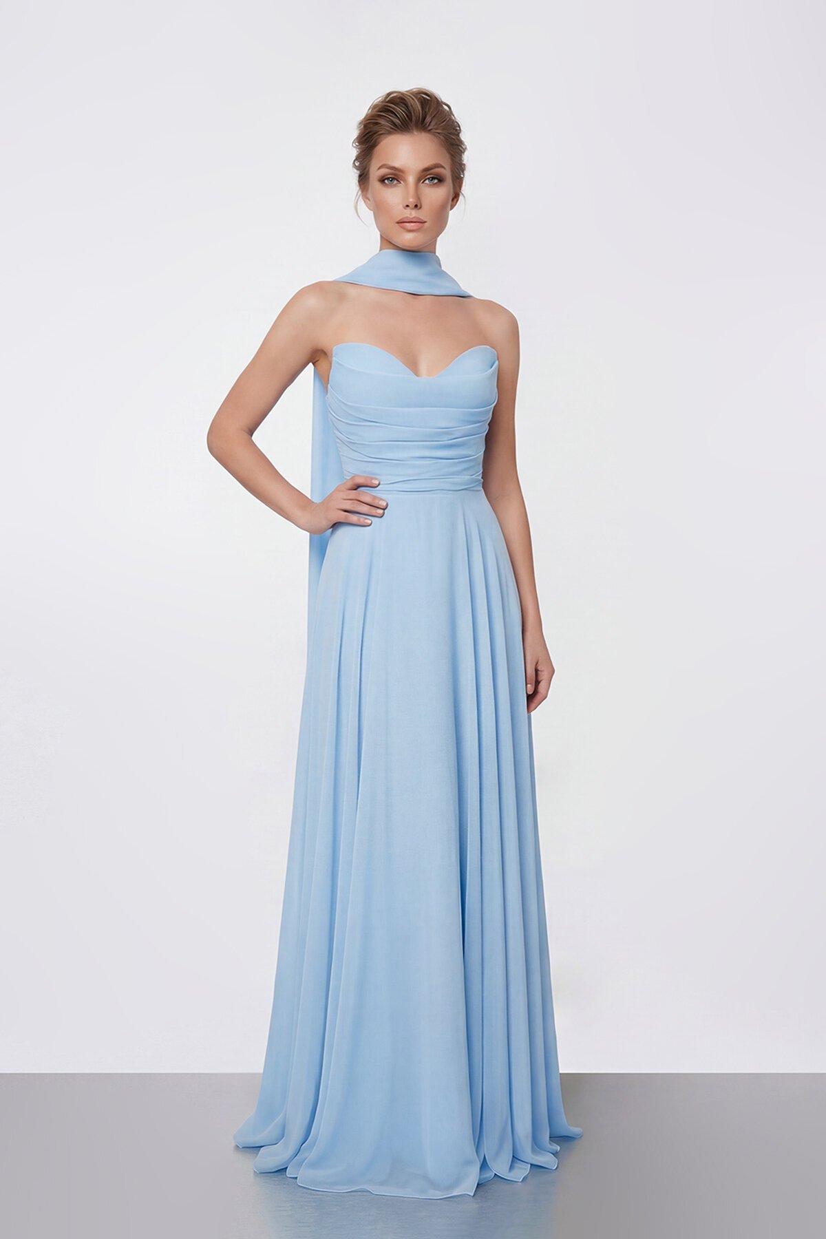 Drapeli Straplez Şifon Uzun Abiye - 2051