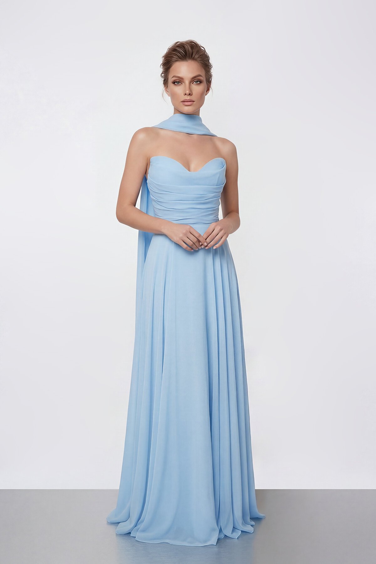 Drapeli Straplez Şifon Uzun Abiye - 2051