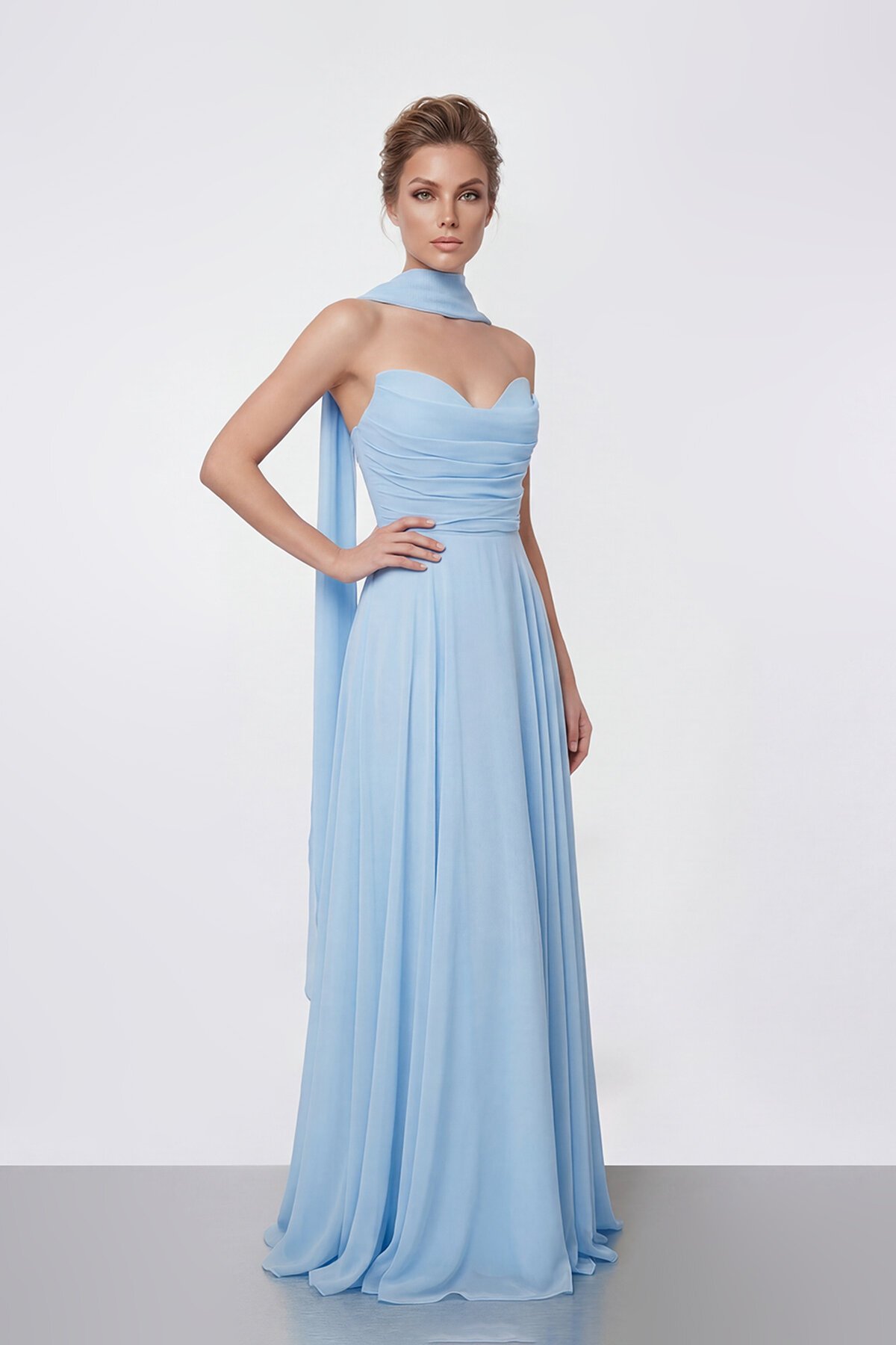 Drapeli Straplez Şifon Uzun Abiye - 2051