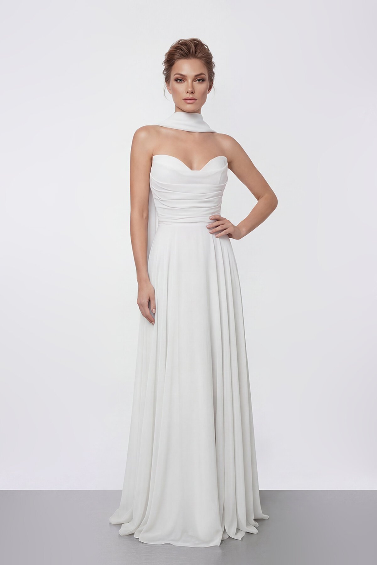 Drapeli Straplez Şifon Uzun Abiye - 2051