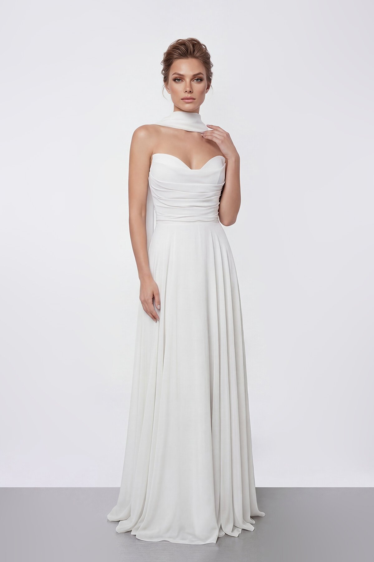 Drapeli Straplez Şifon Uzun Abiye - 2051