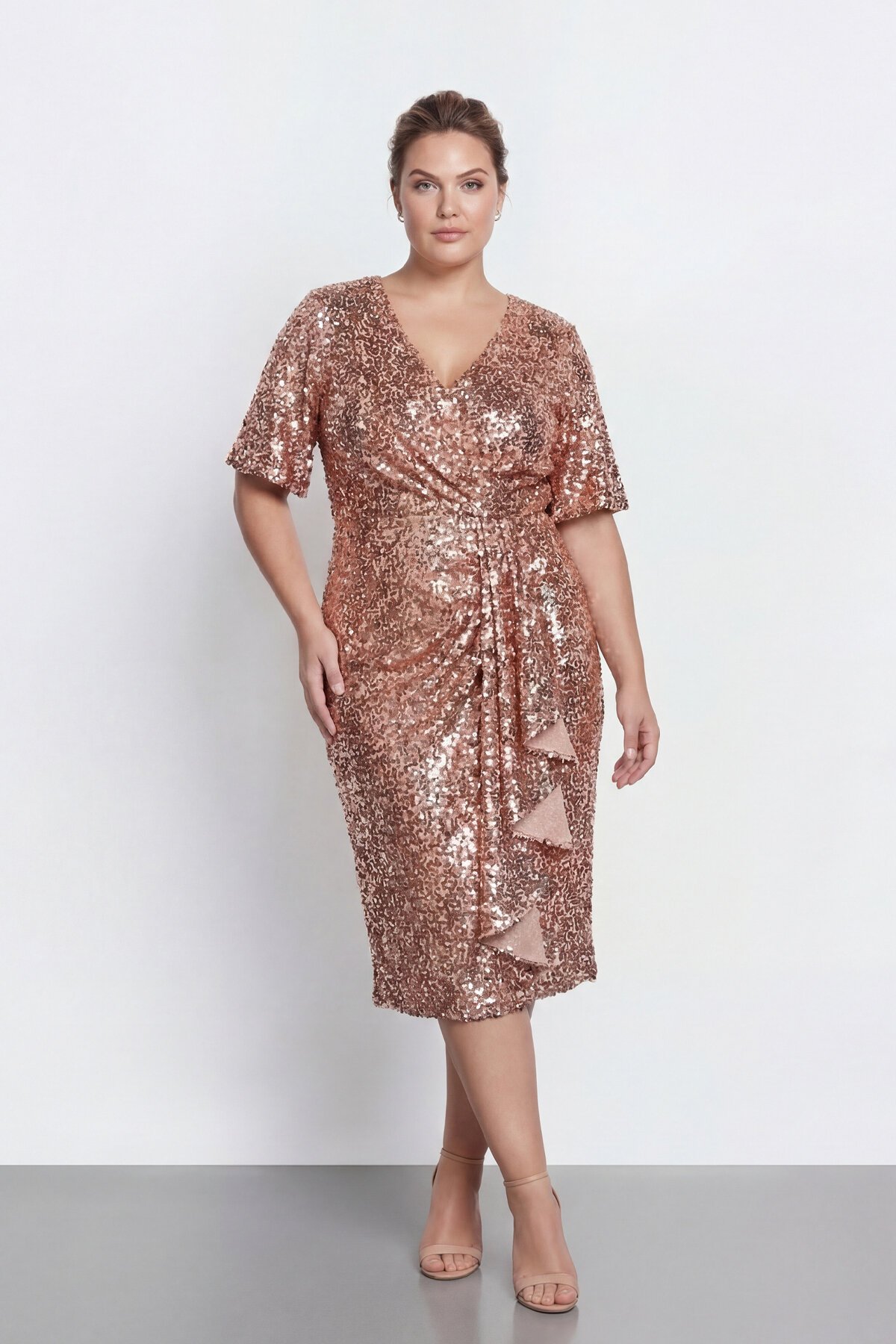 Drapeli V Yaka Büyük Beden Payetli Midi Abiye - 2131