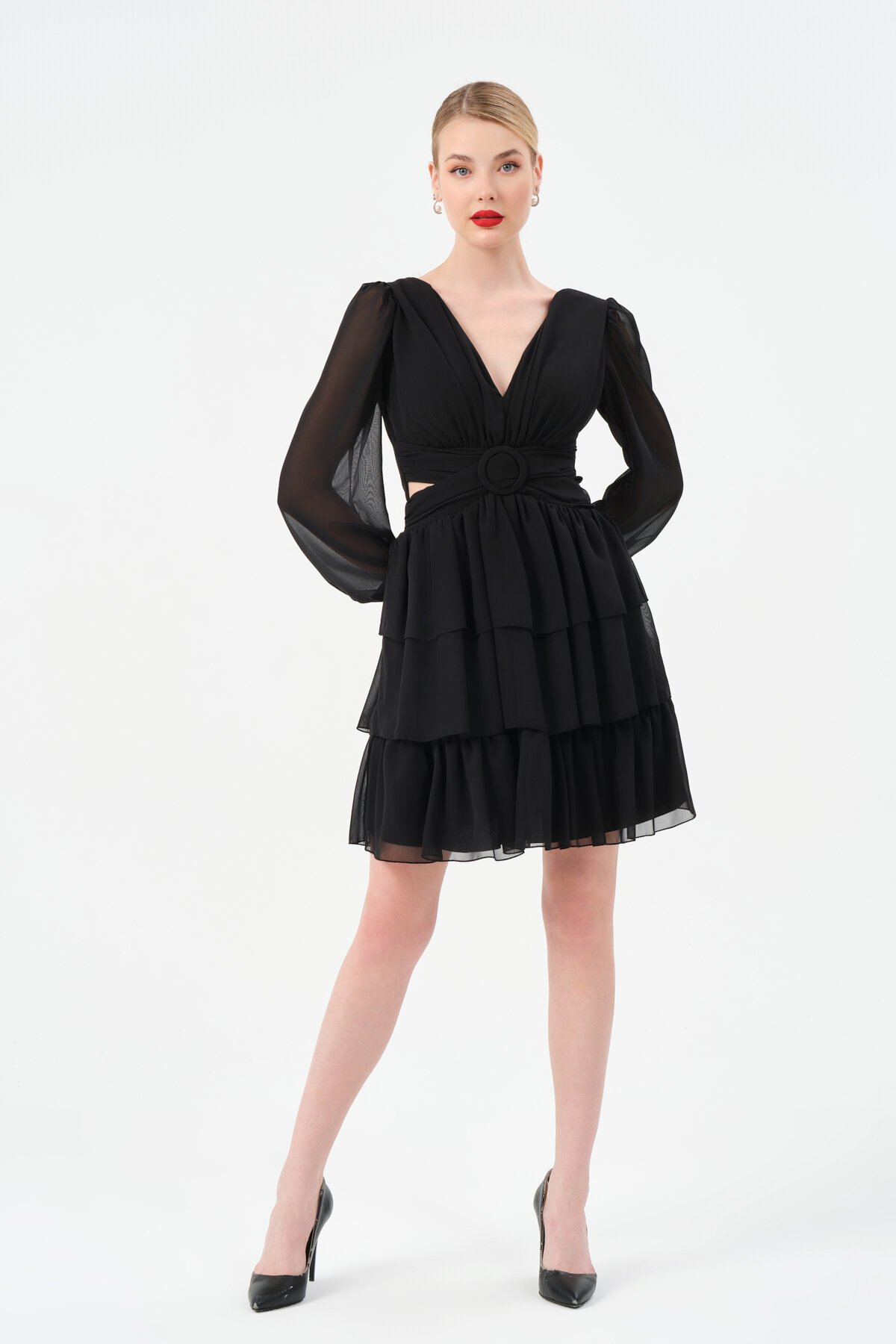 Drapeli Volanlı Mini Elbise - 1298