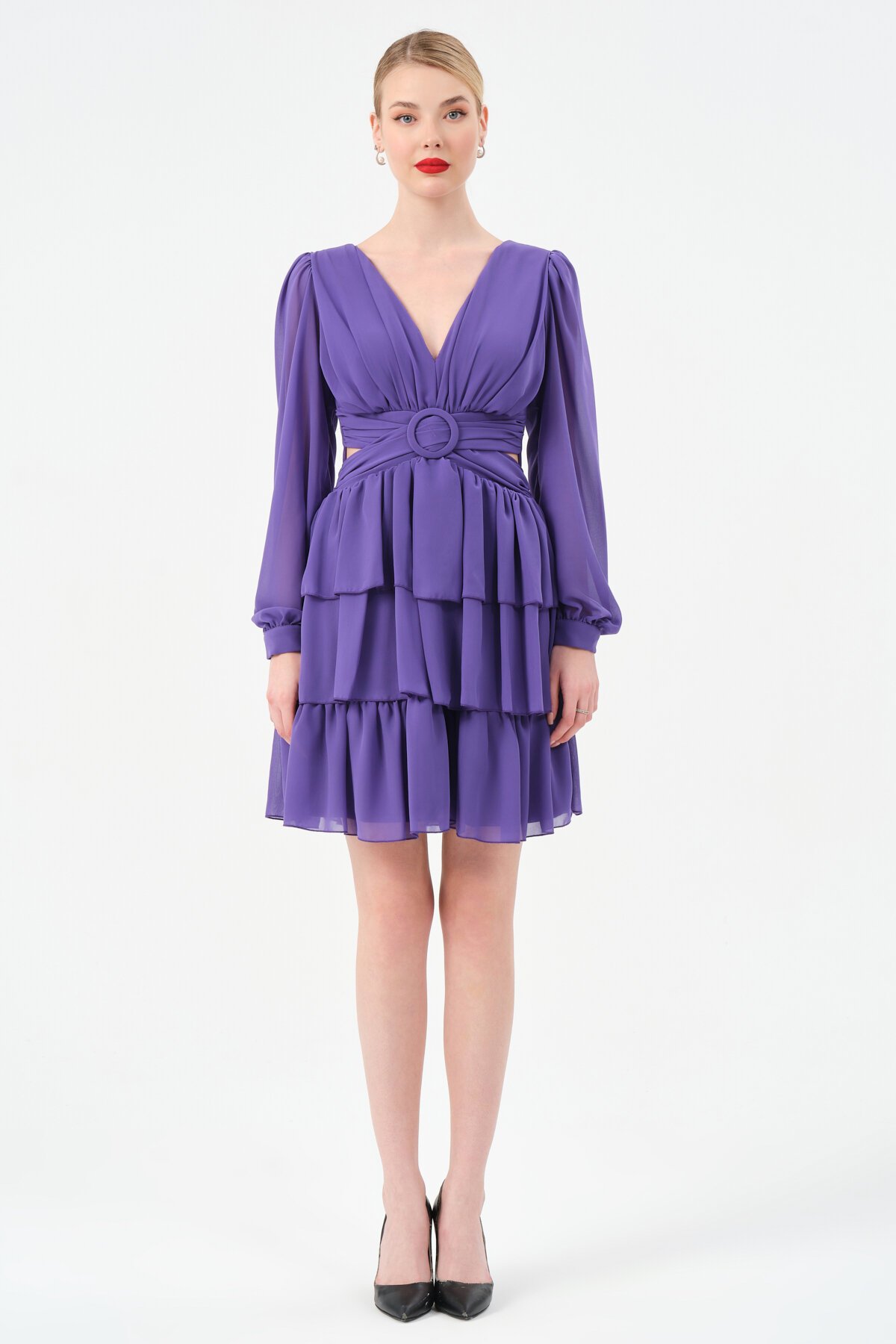 Drapeli Volanlı Mini Elbise - 1298