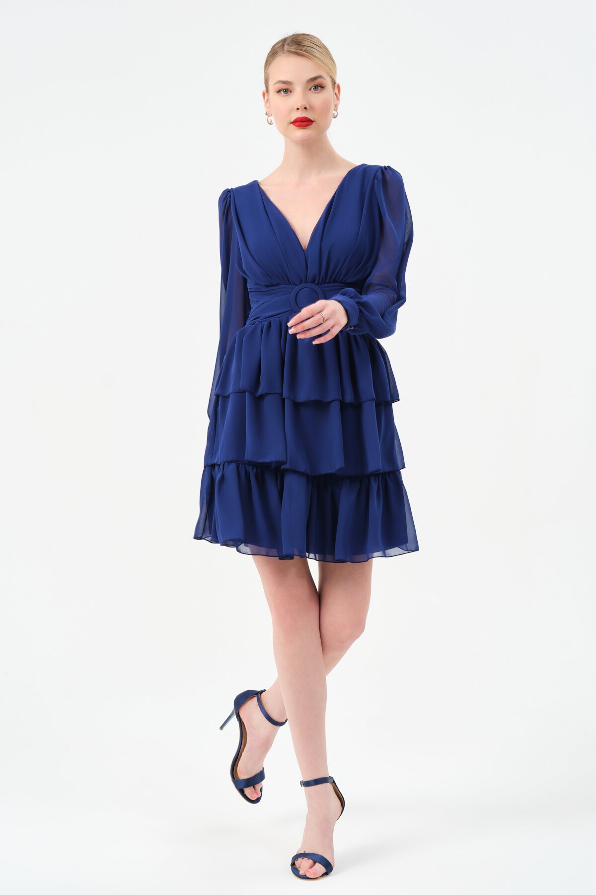 Drapeli Volanlı Mini Elbise - 1298