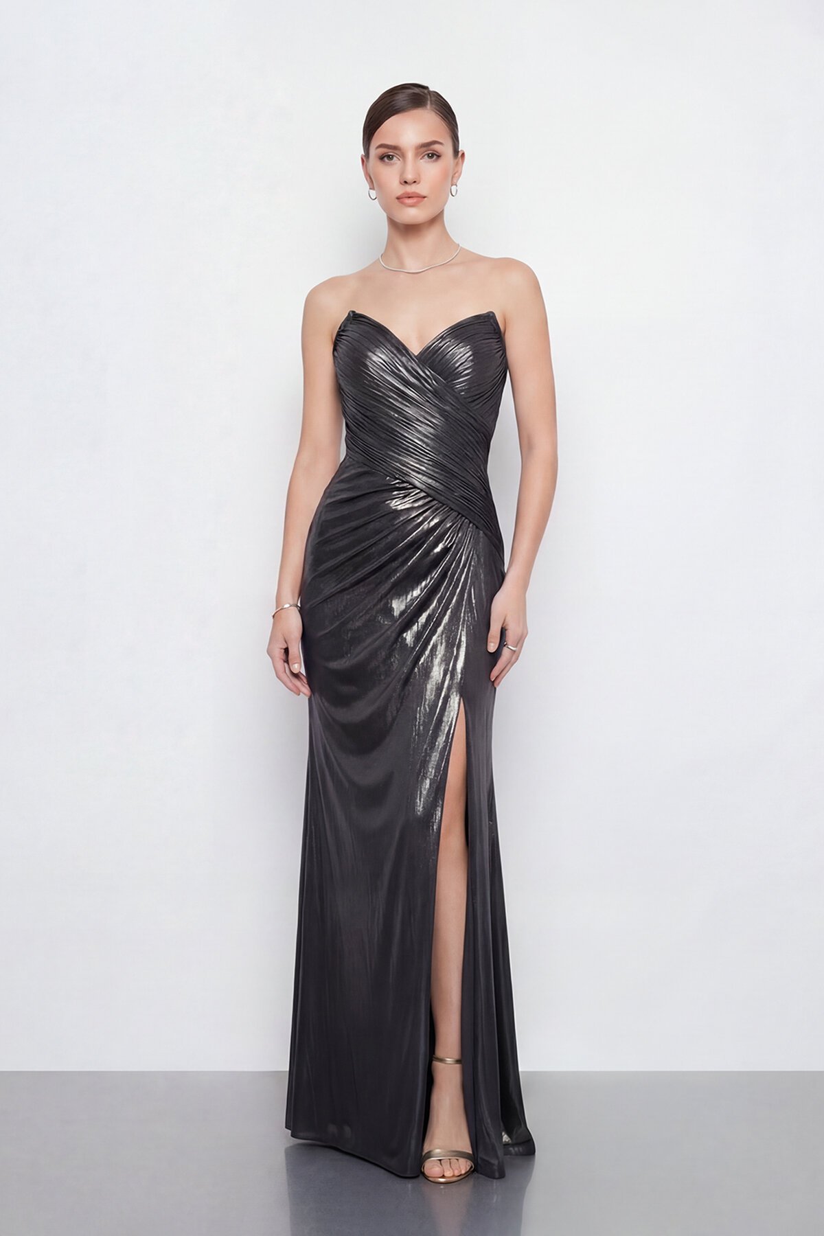 Drapeli Yırtmaçlı Straplez Abiye - 2102