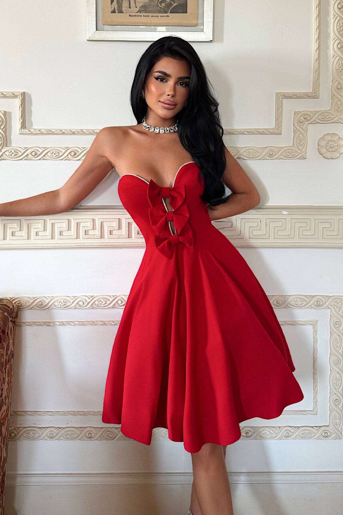 Fiyonklu Straplez Mini Elbise - 1825