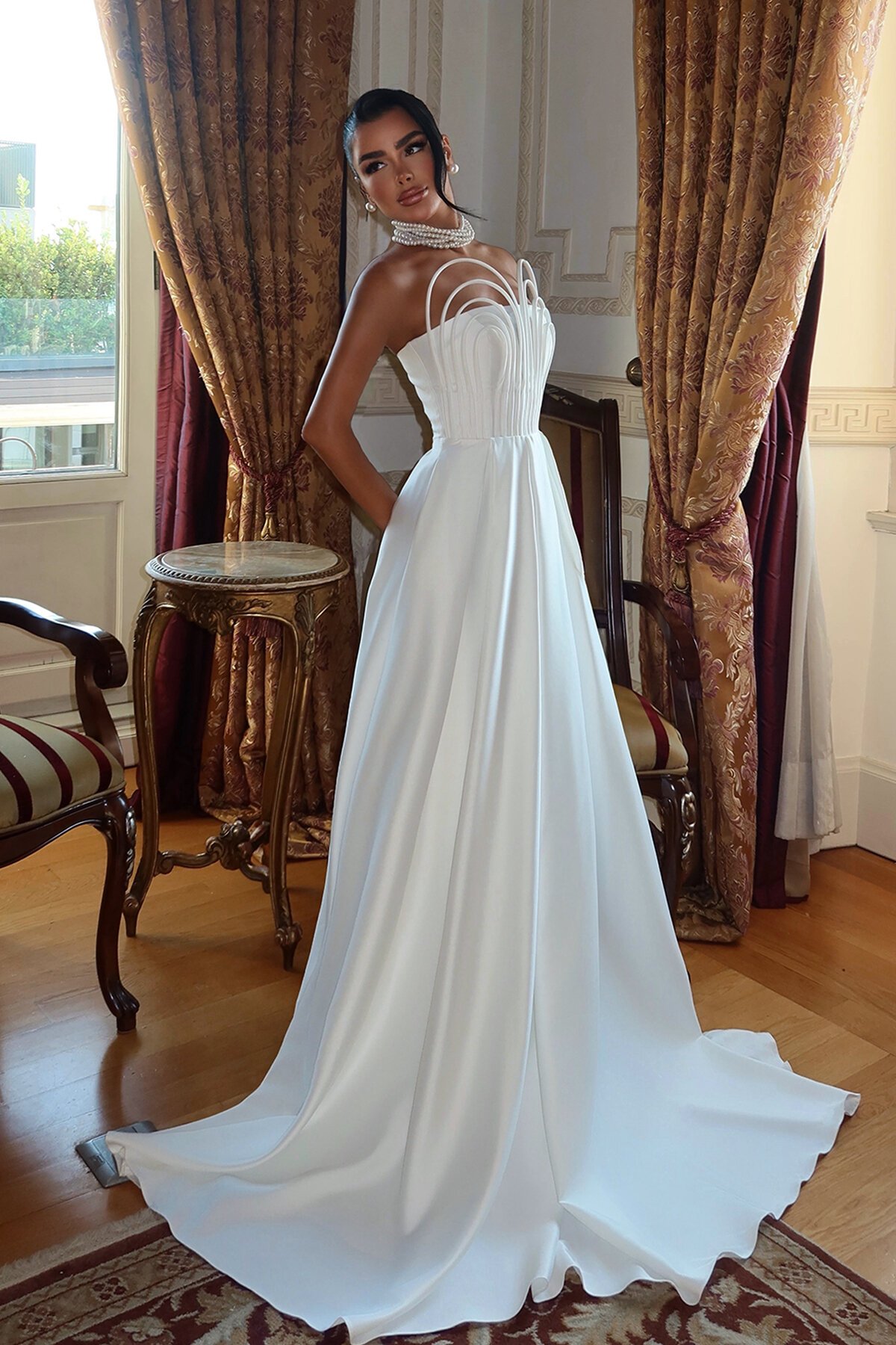 Göğüs Detaylı Straplez Elbise - 1886