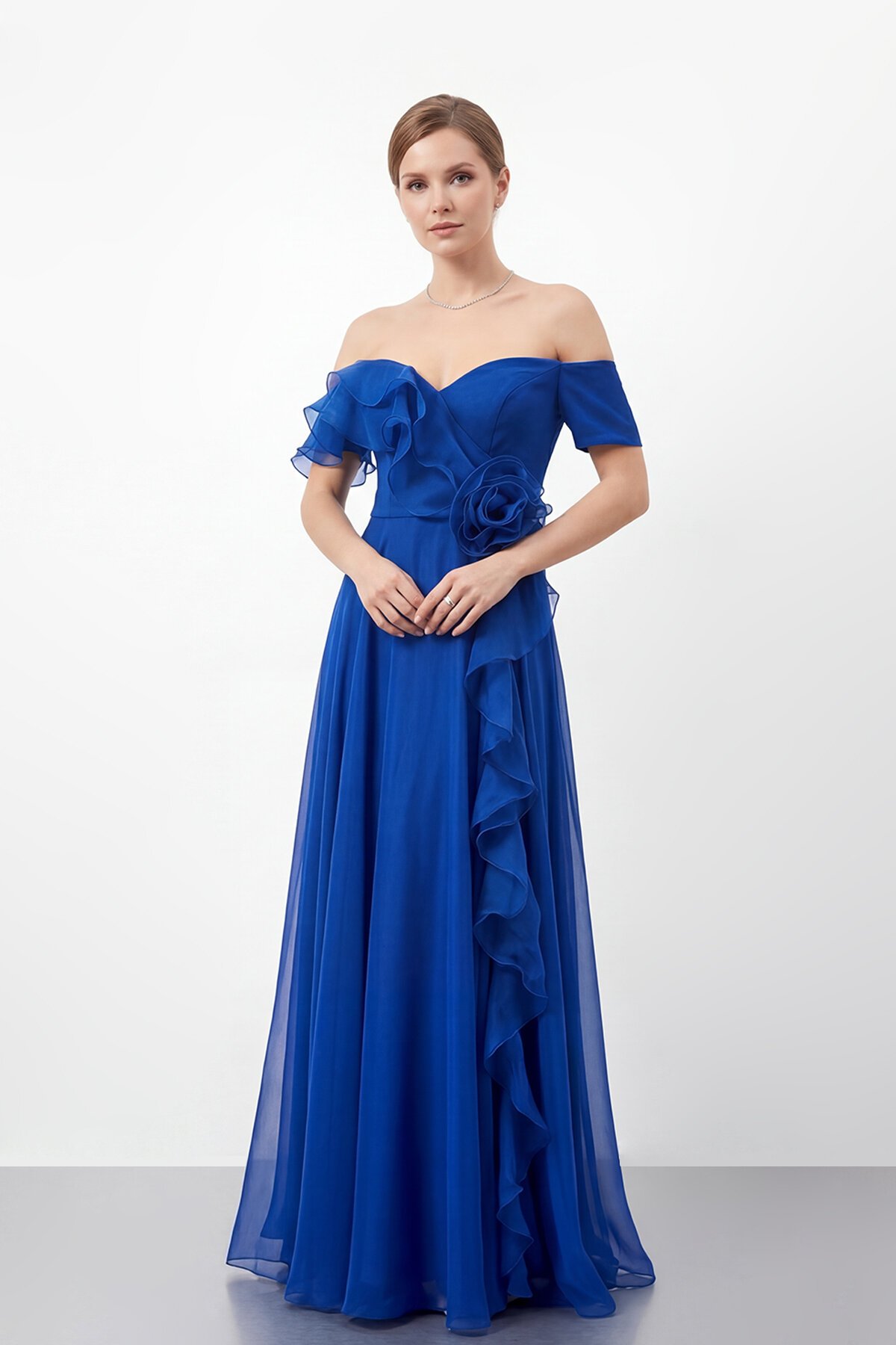 Gül Detaylı Volanlı Şifon Uzun Abiye - 1996