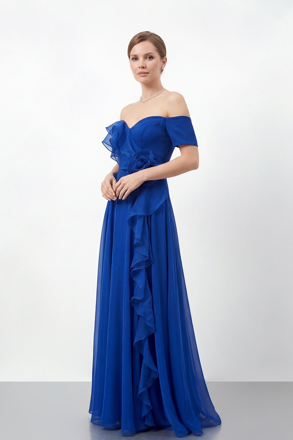 Gül Detaylı Volanlı Şifon Uzun Abiye - 1996