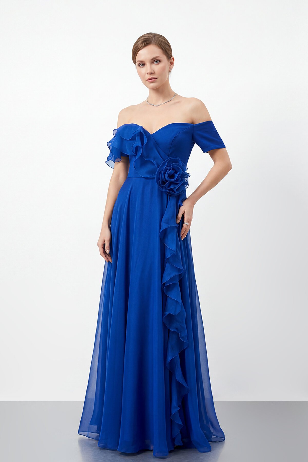 Gül Detaylı Volanlı Şifon Uzun Abiye - 1996