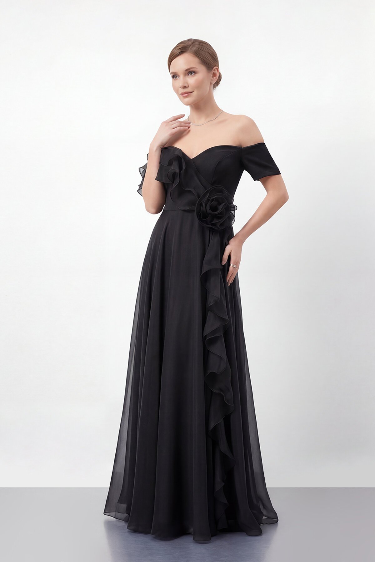 Gül Detaylı Volanlı Şifon Uzun Abiye - 1996