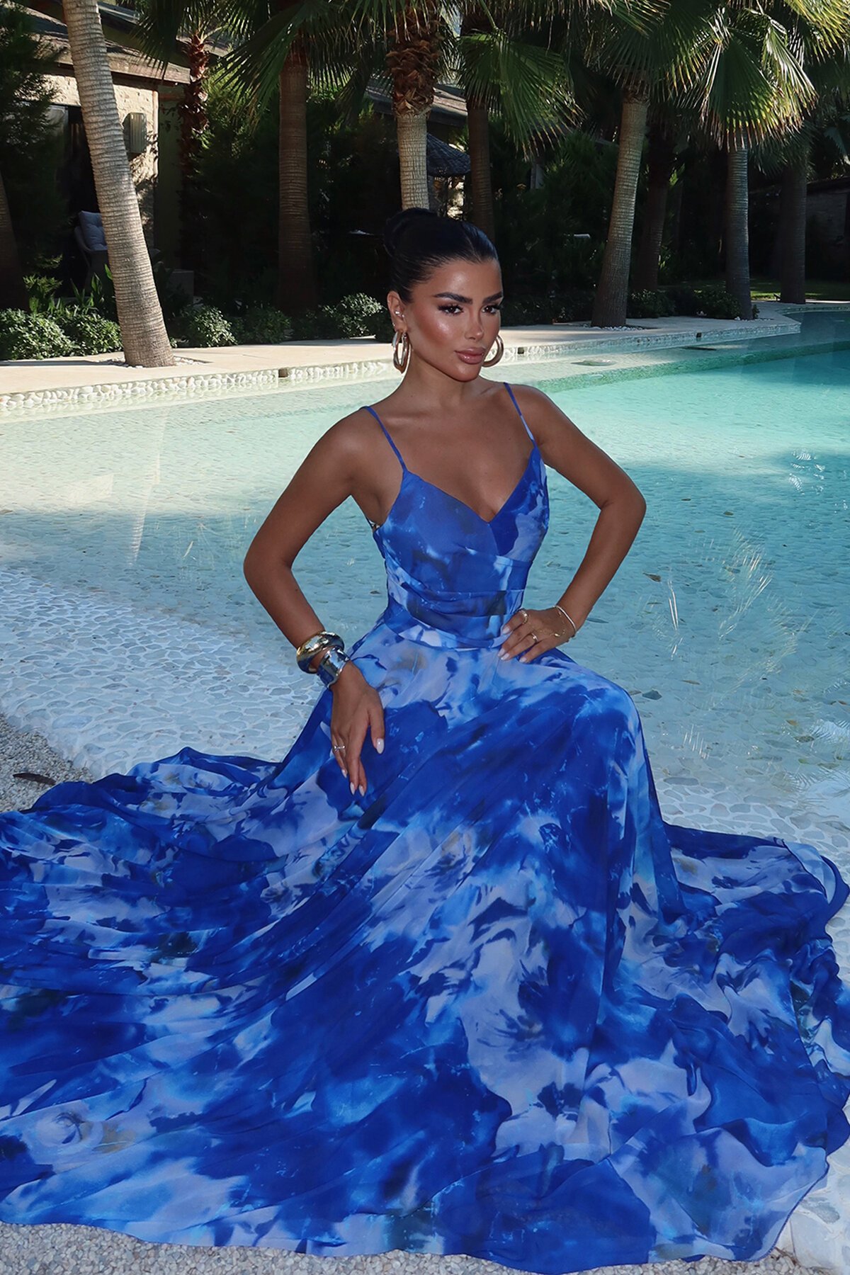 İnce Askılı Desenli Elbise - 1836