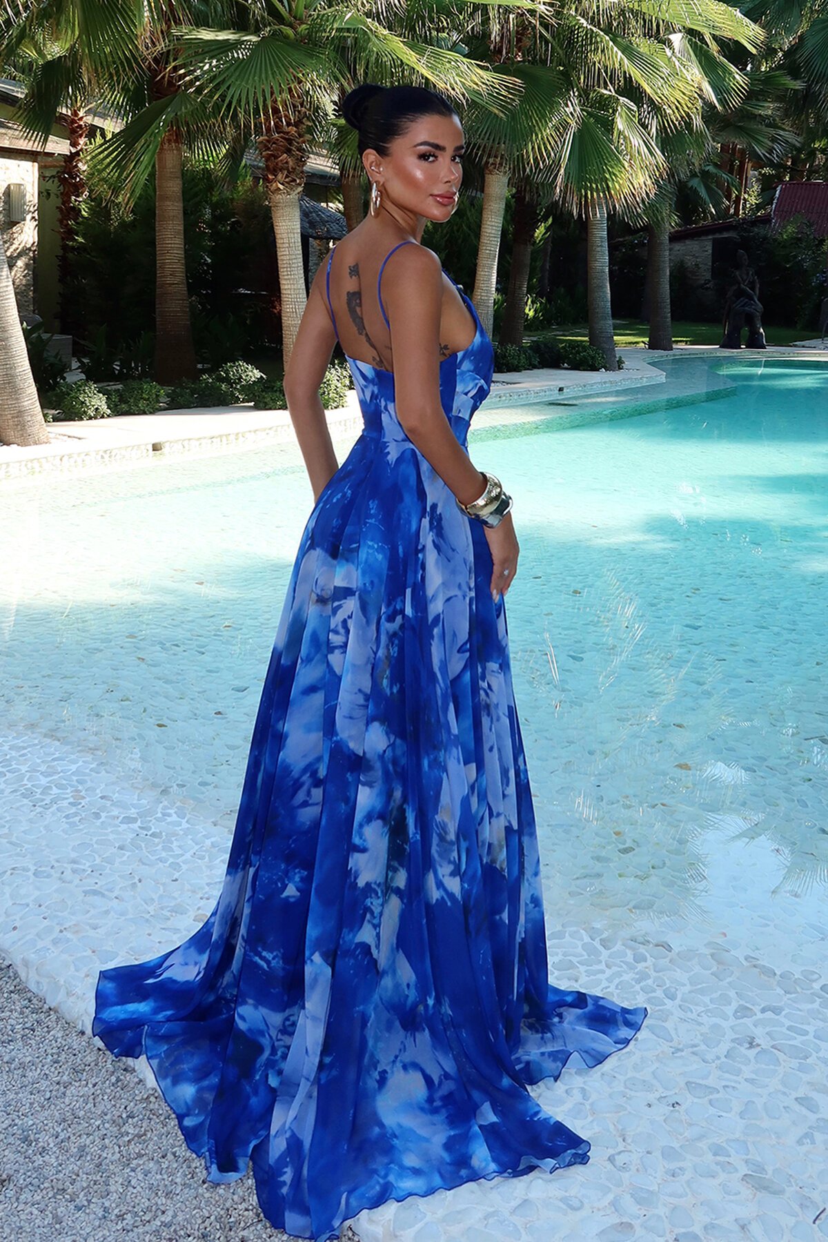 İnce Askılı Desenli Elbise - 1836