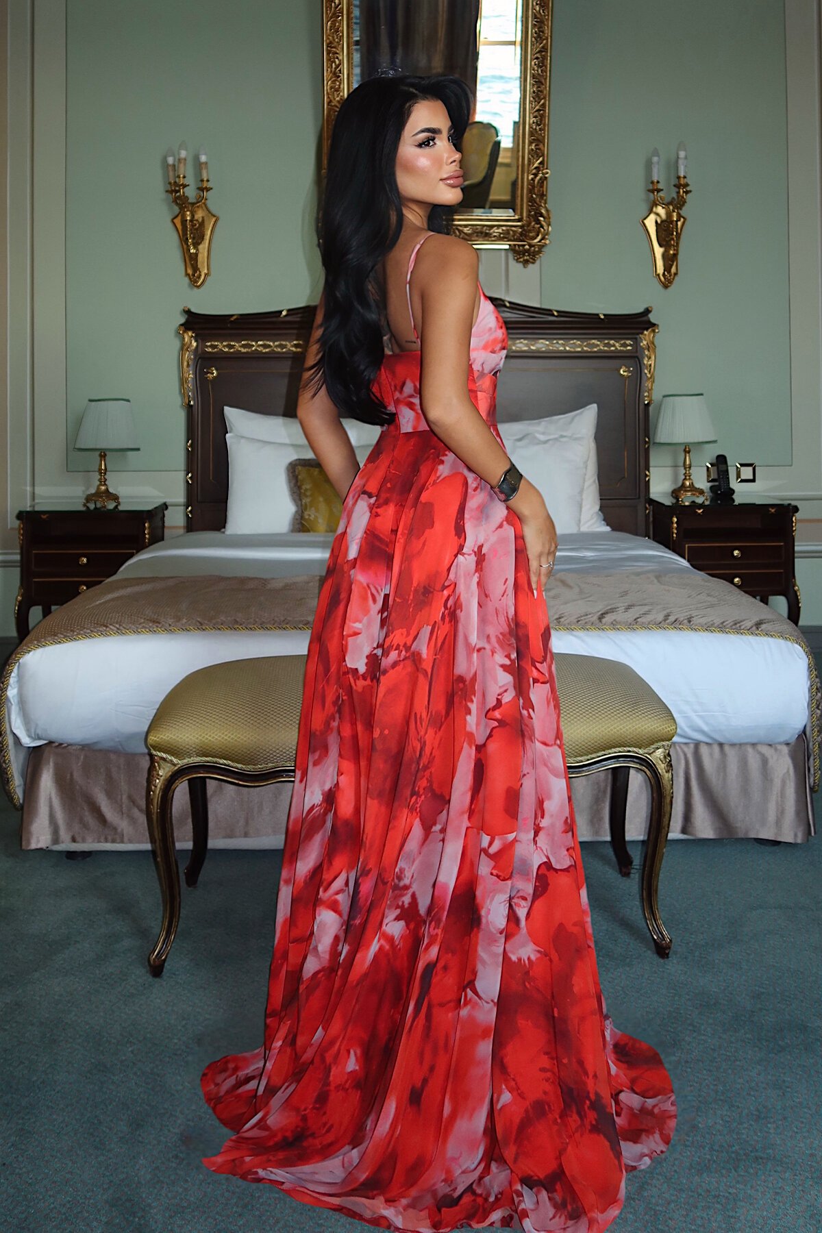 İnce Askılı Desenli Elbise - 1836