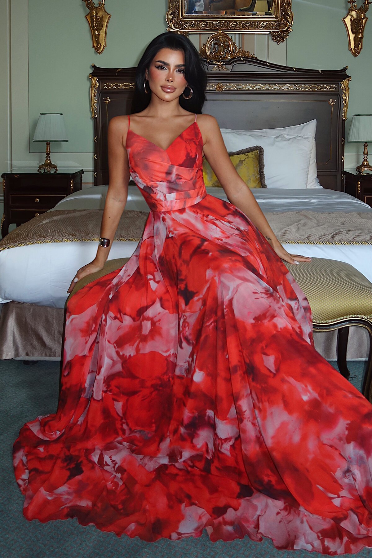 İnce Askılı Desenli Elbise - 1836