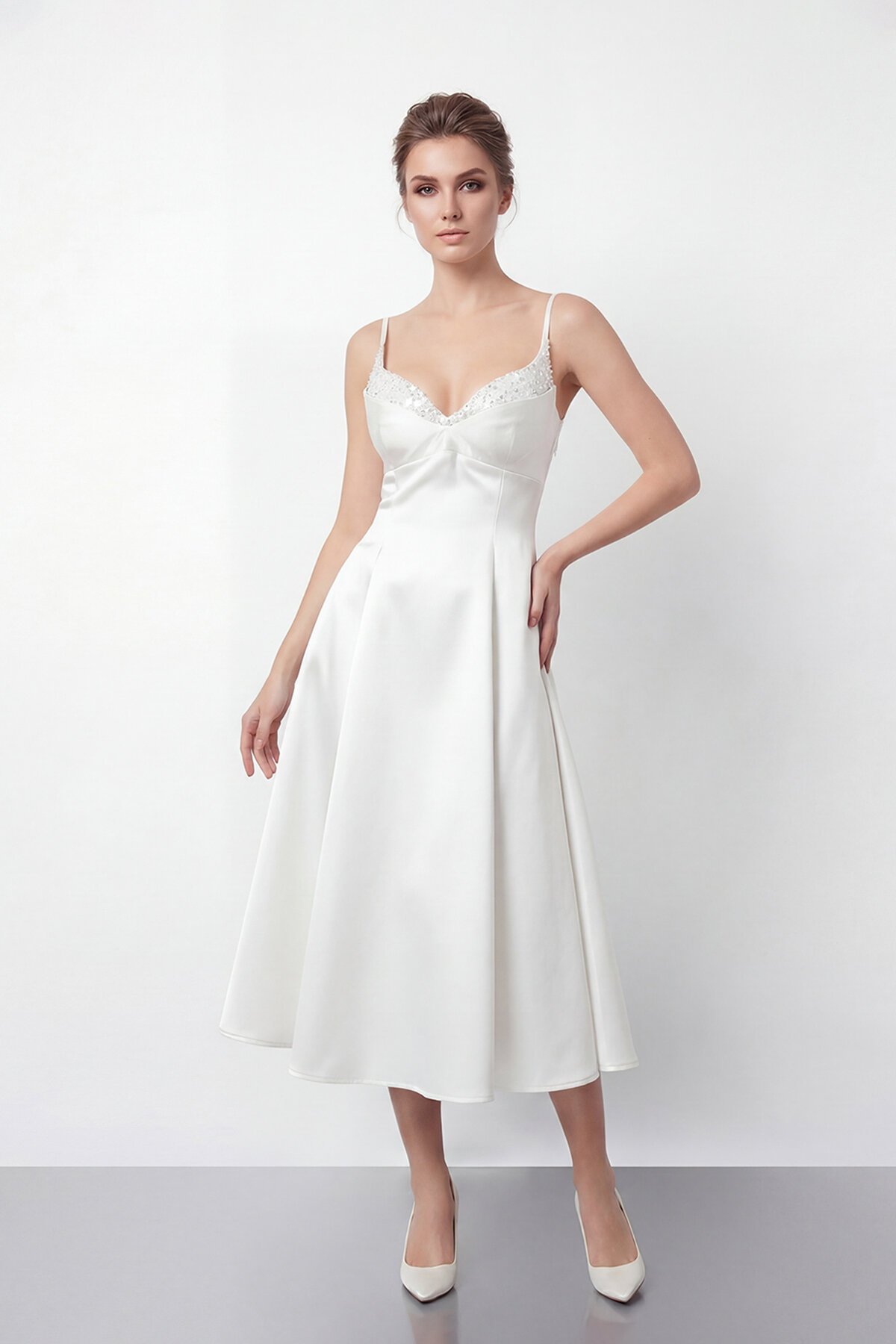 İnce Askılı Taş İşlemeli Midi Abiye  - 2048