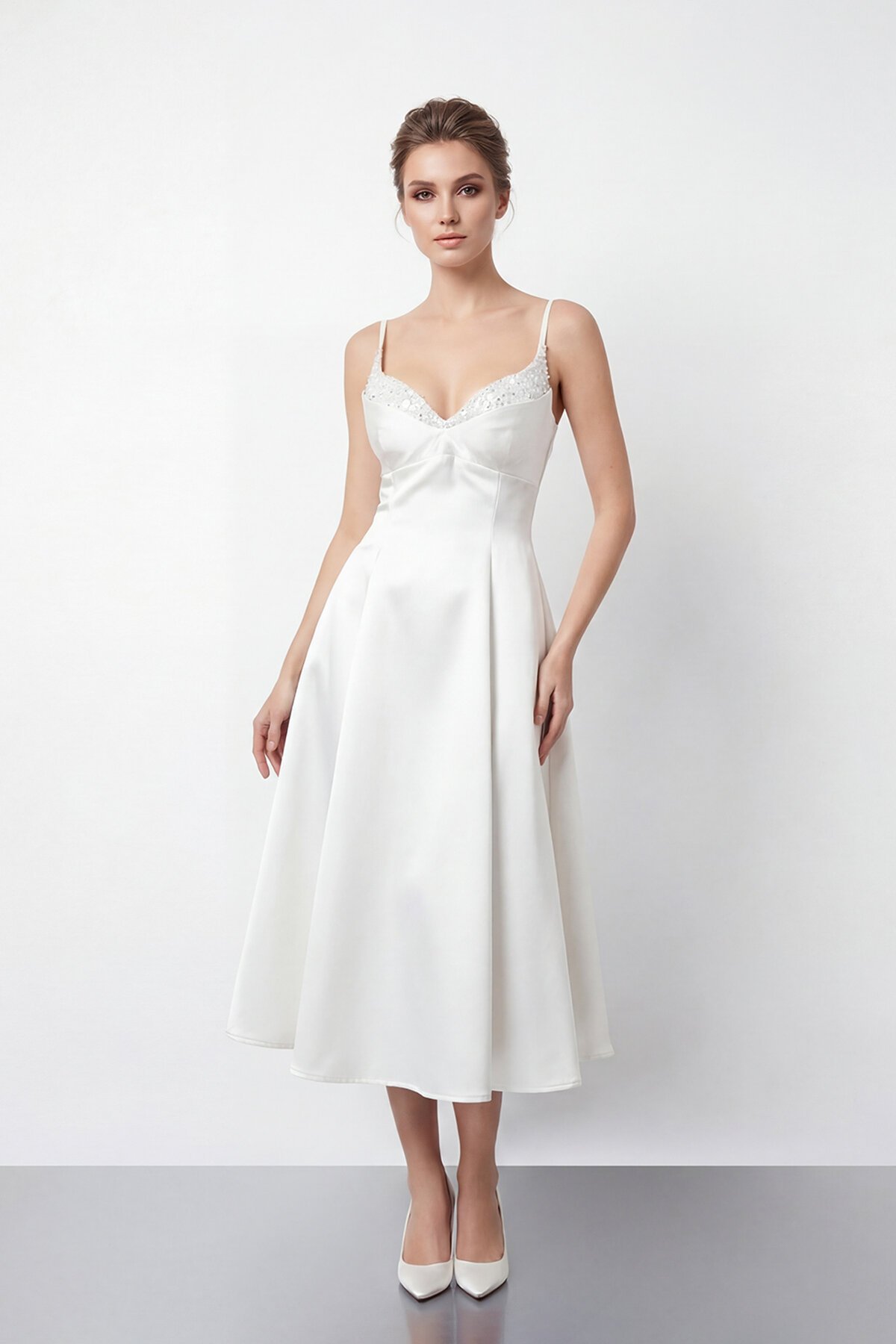 İnce Askılı Taş İşlemeli Midi Abiye  - 2048