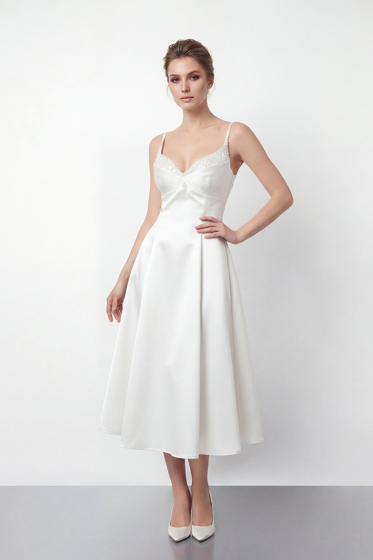 İnce Askılı Taş İşlemeli Midi Abiye  - 2048