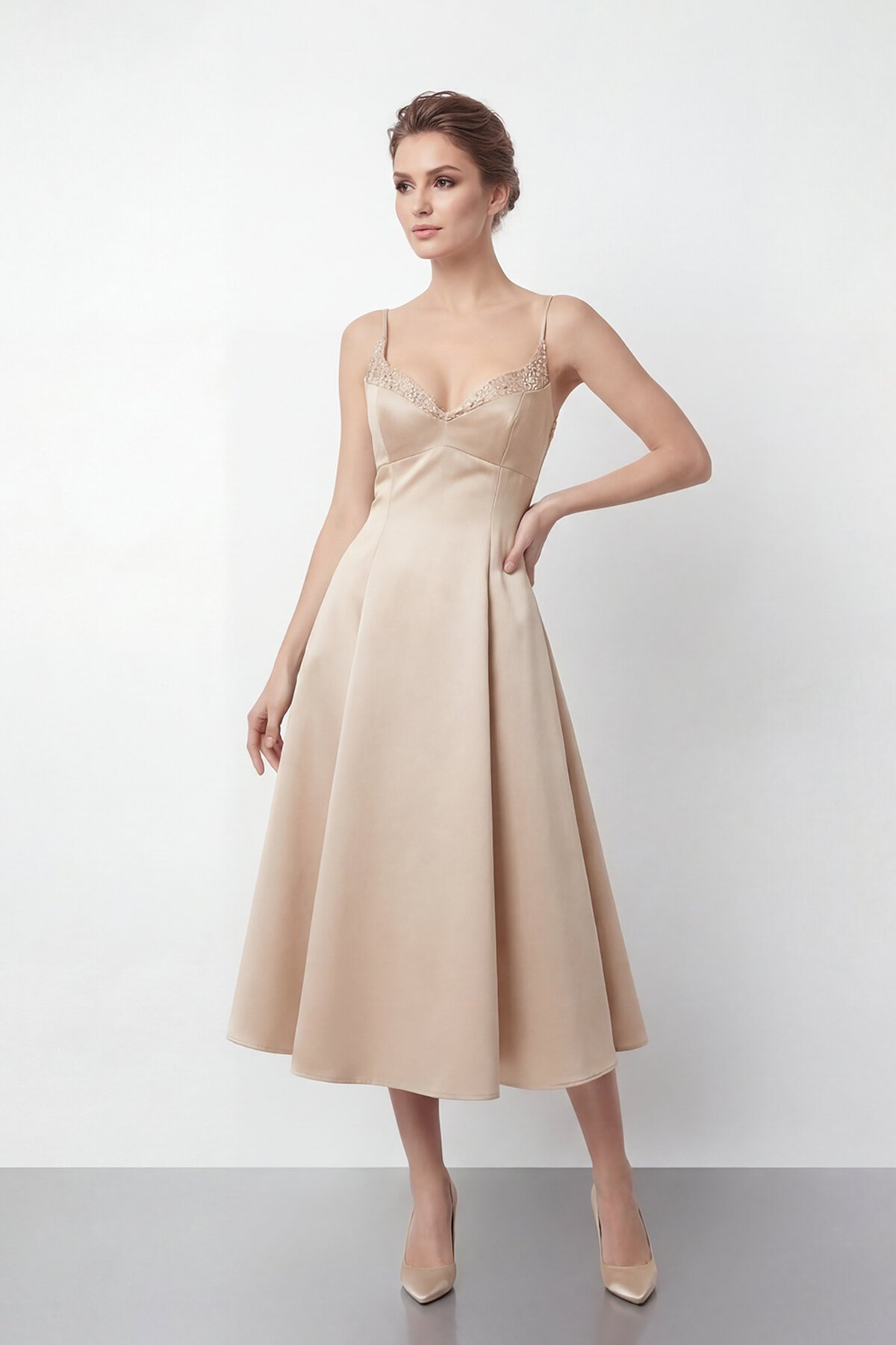 İnce Askılı Taş İşlemeli Midi Abiye  - 2048