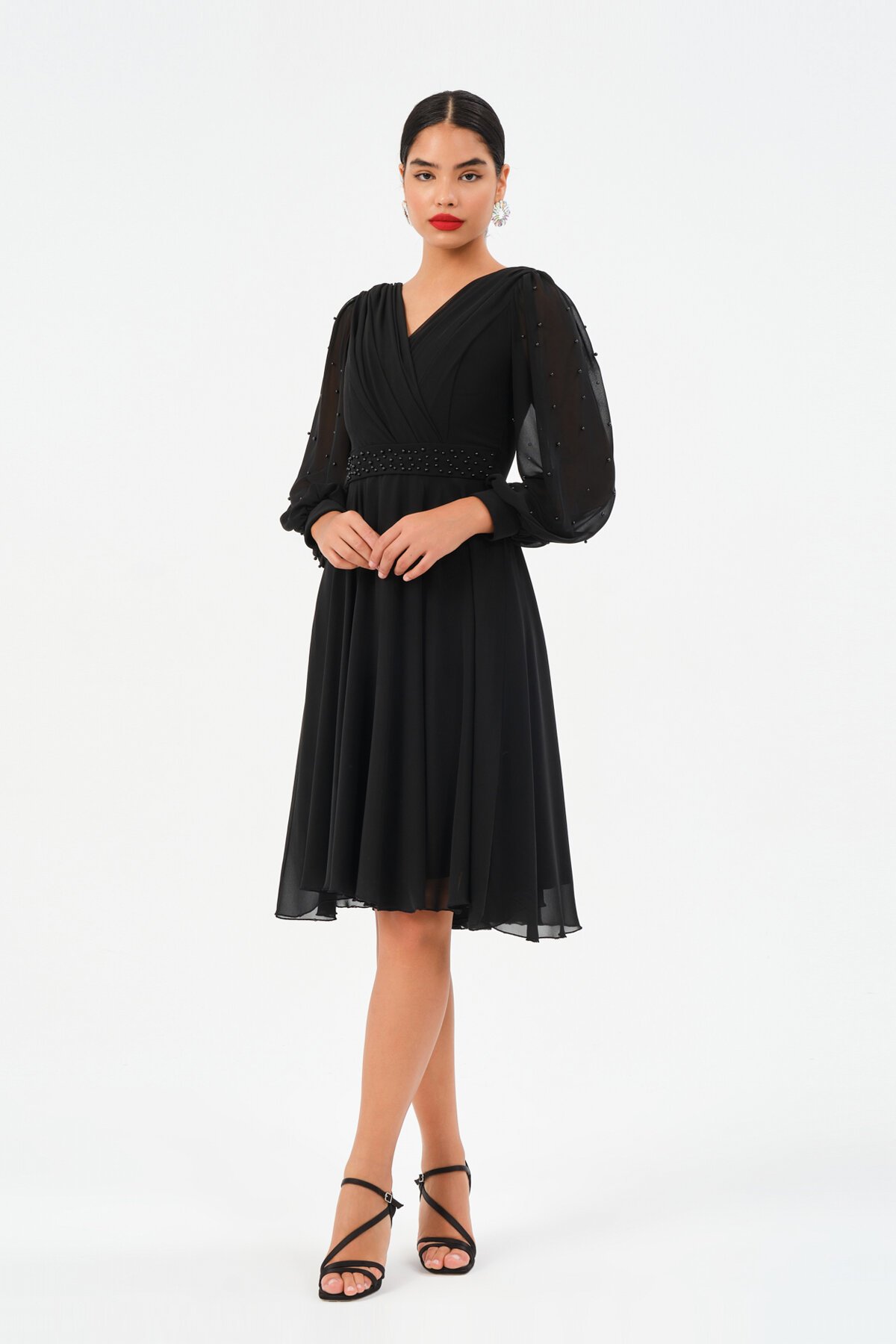 İnci İşlemeli Drapeli Midi Elbise - 1512