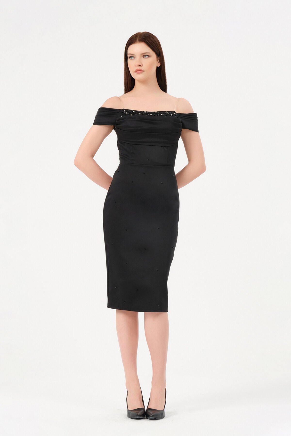 İncili Kayık Yaka Midi Elbise - 1574