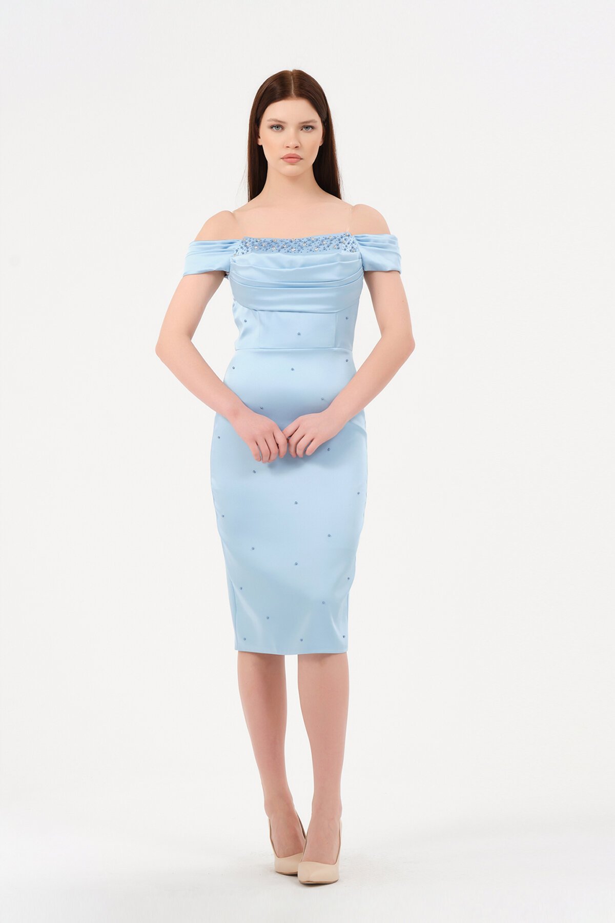 İncili Kayık Yaka Midi Elbise - 1574