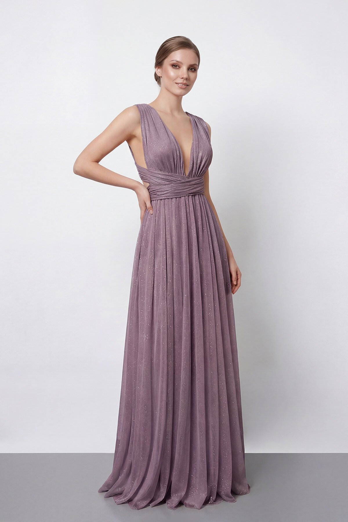 Işıltılı Derin V Yaka Pileli Abiye - 2043