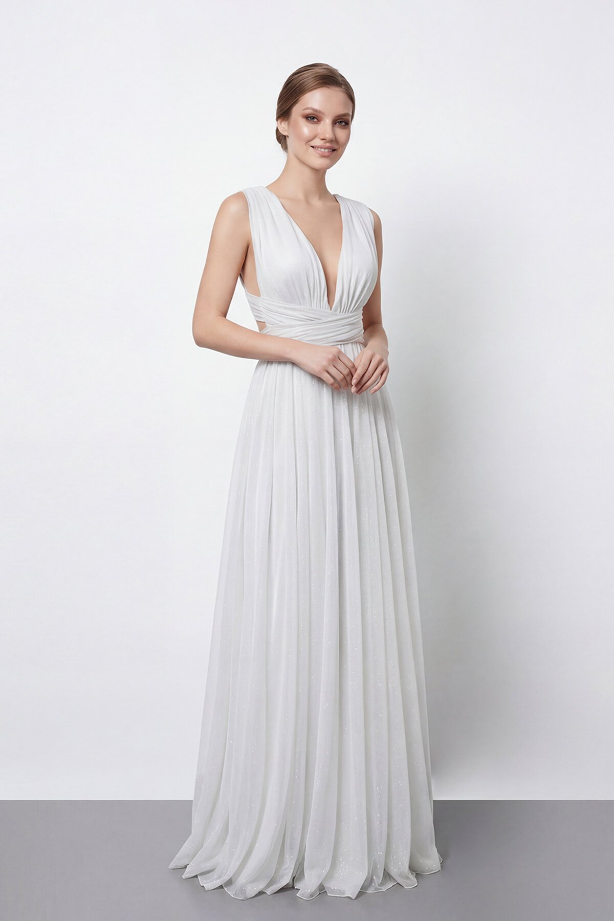 Işıltılı Derin V Yaka Pileli Abiye - 2043