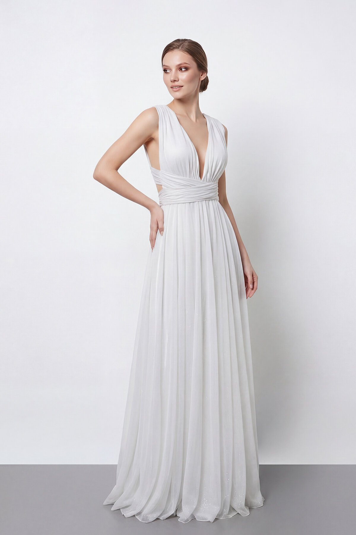 Işıltılı Derin V Yaka Pileli Abiye - 2043