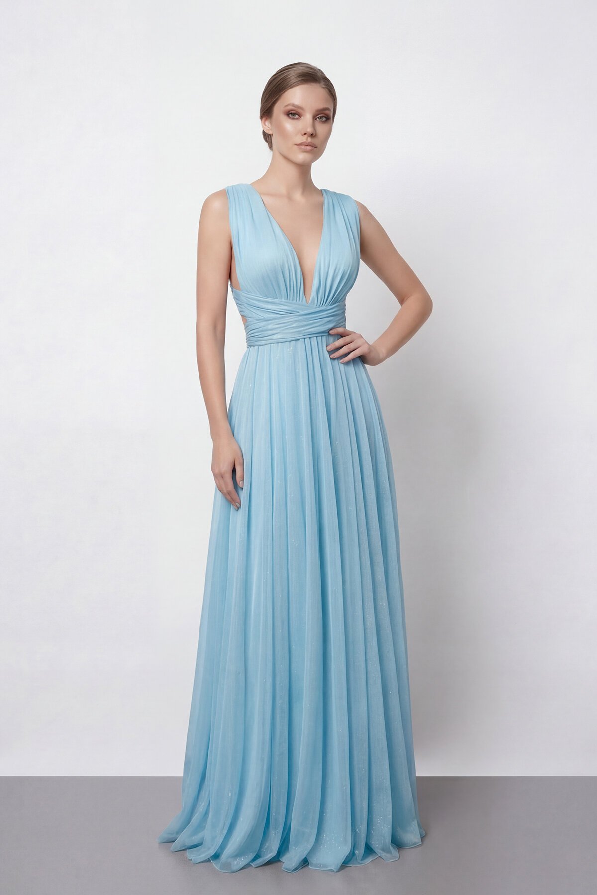 Işıltılı Derin V Yaka Pileli Abiye - 2043