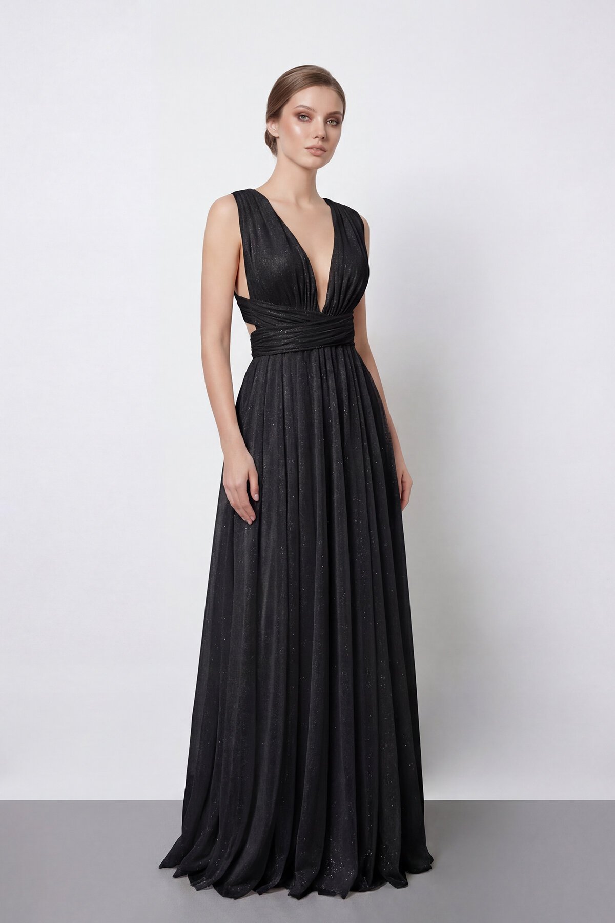 Işıltılı Derin V Yaka Pileli Abiye - 2043