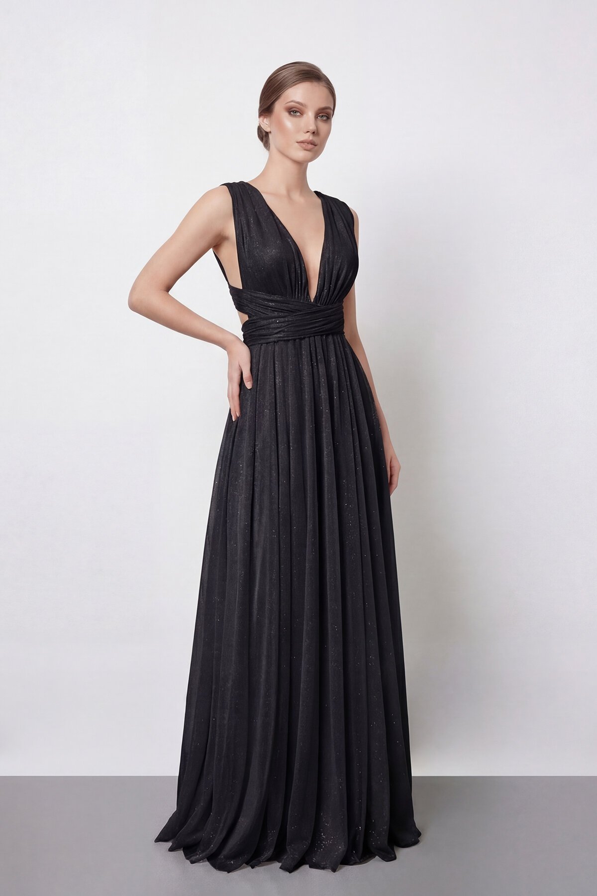 Işıltılı Derin V Yaka Pileli Abiye - 2043