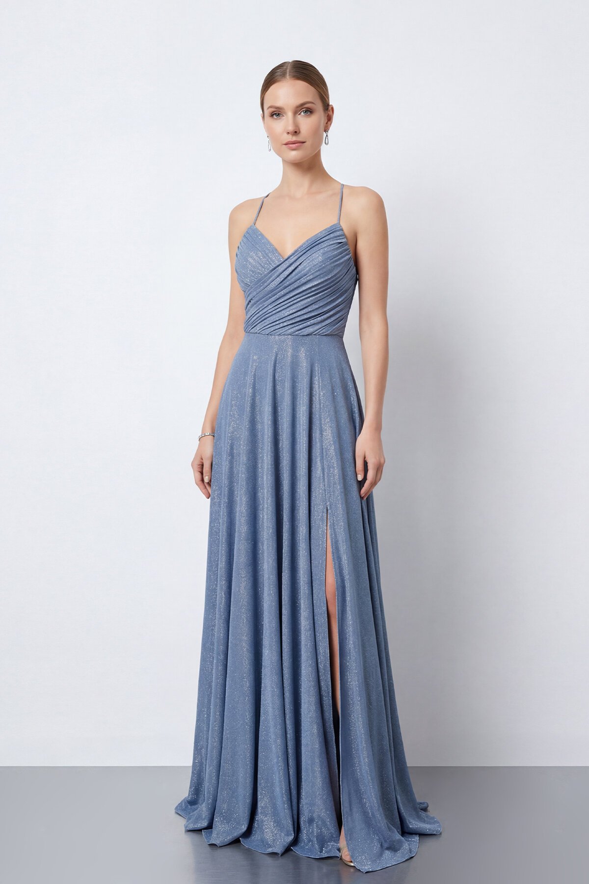 Işıltılı İp Askılı Drapeli Elbise - 2052