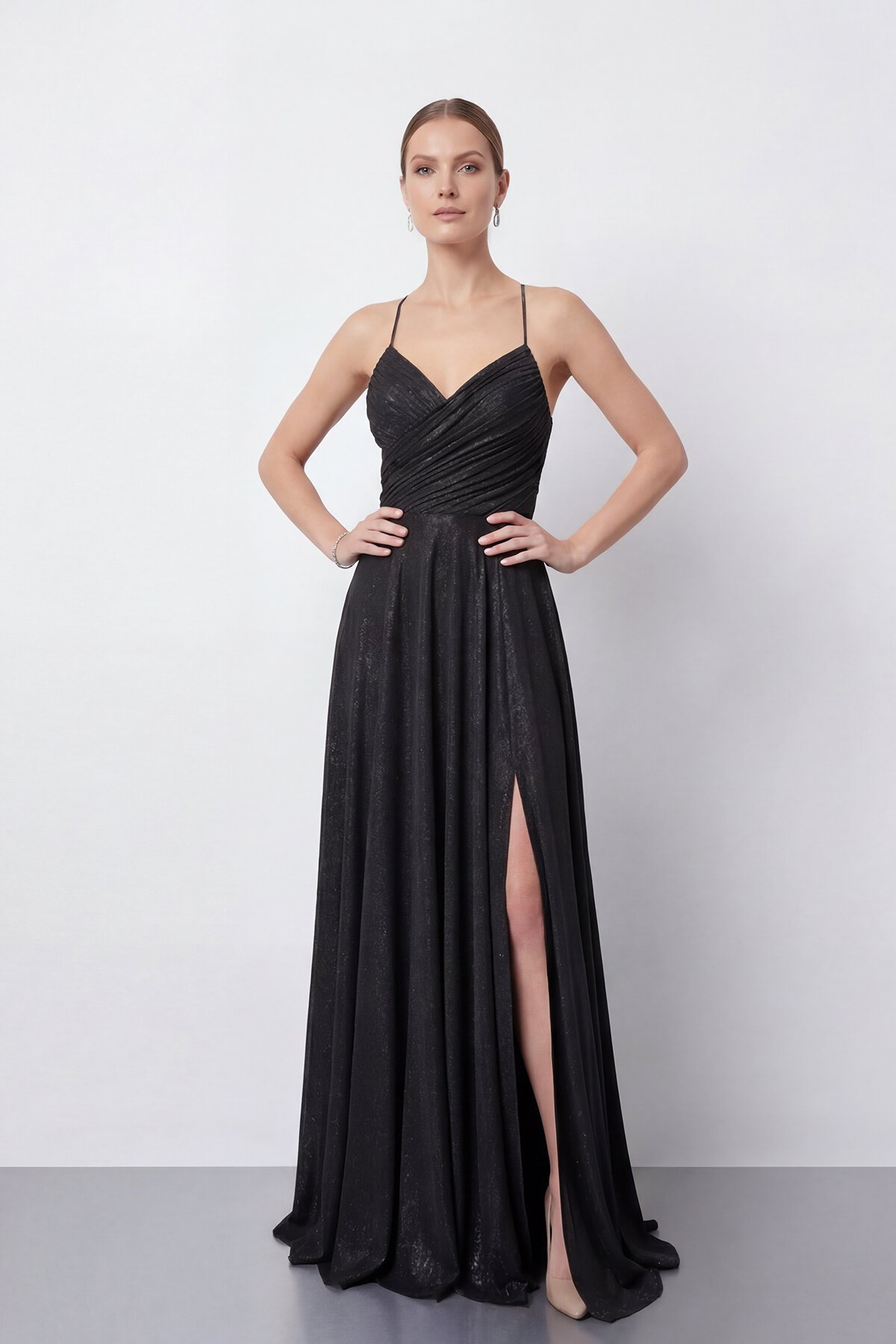 Işıltılı İp Askılı Drapeli Elbise - 2052