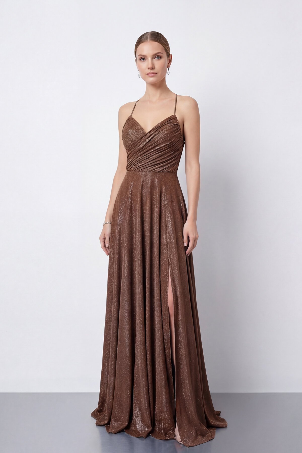 Işıltılı İp Askılı Drapeli Elbise - 2052