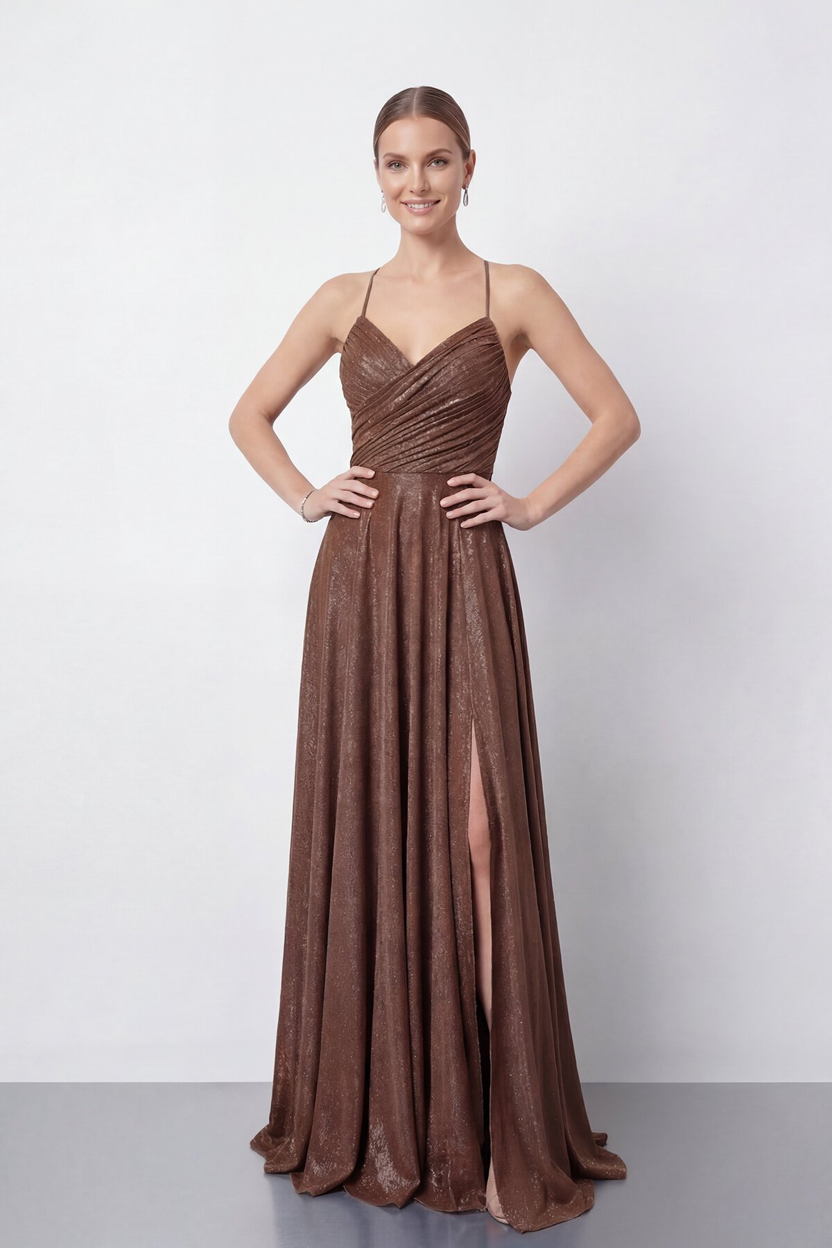 Işıltılı İp Askılı Drapeli Elbise - 2052