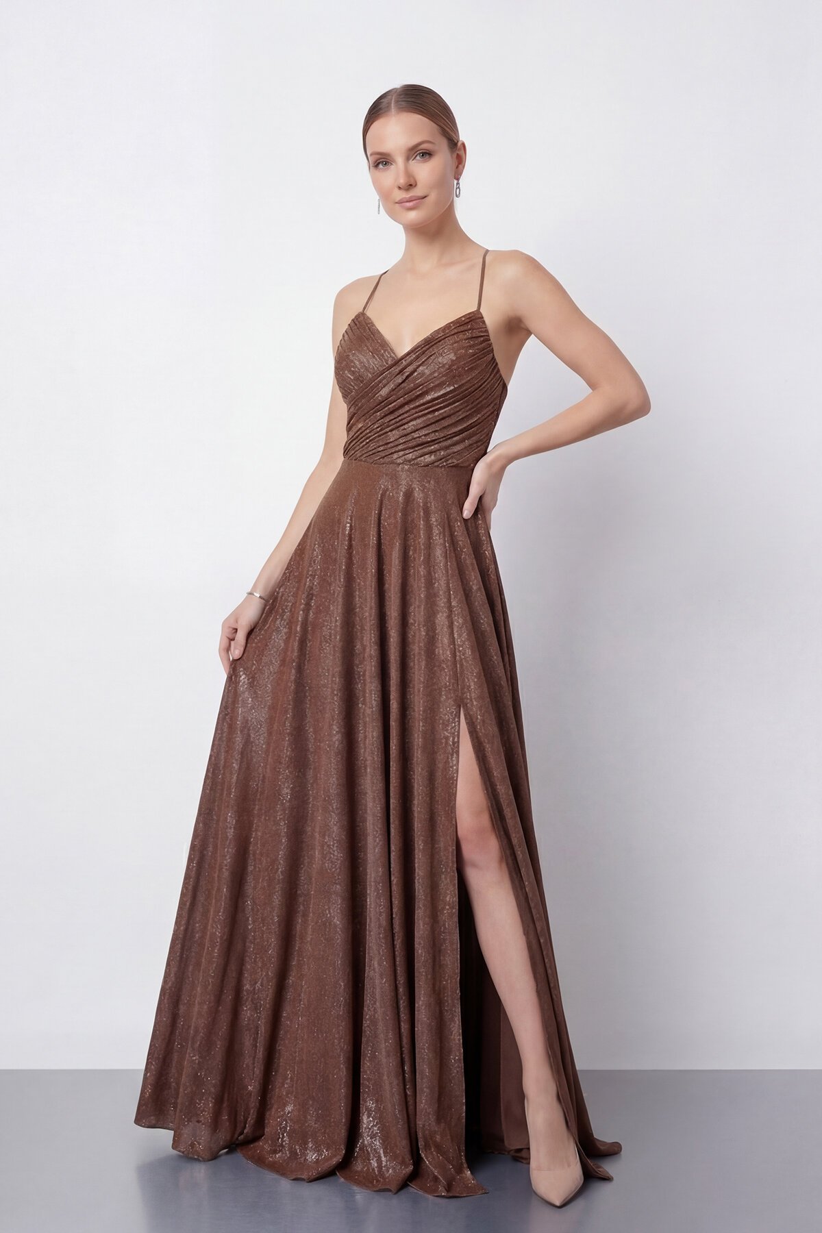 Işıltılı İp Askılı Drapeli Elbise - 2052