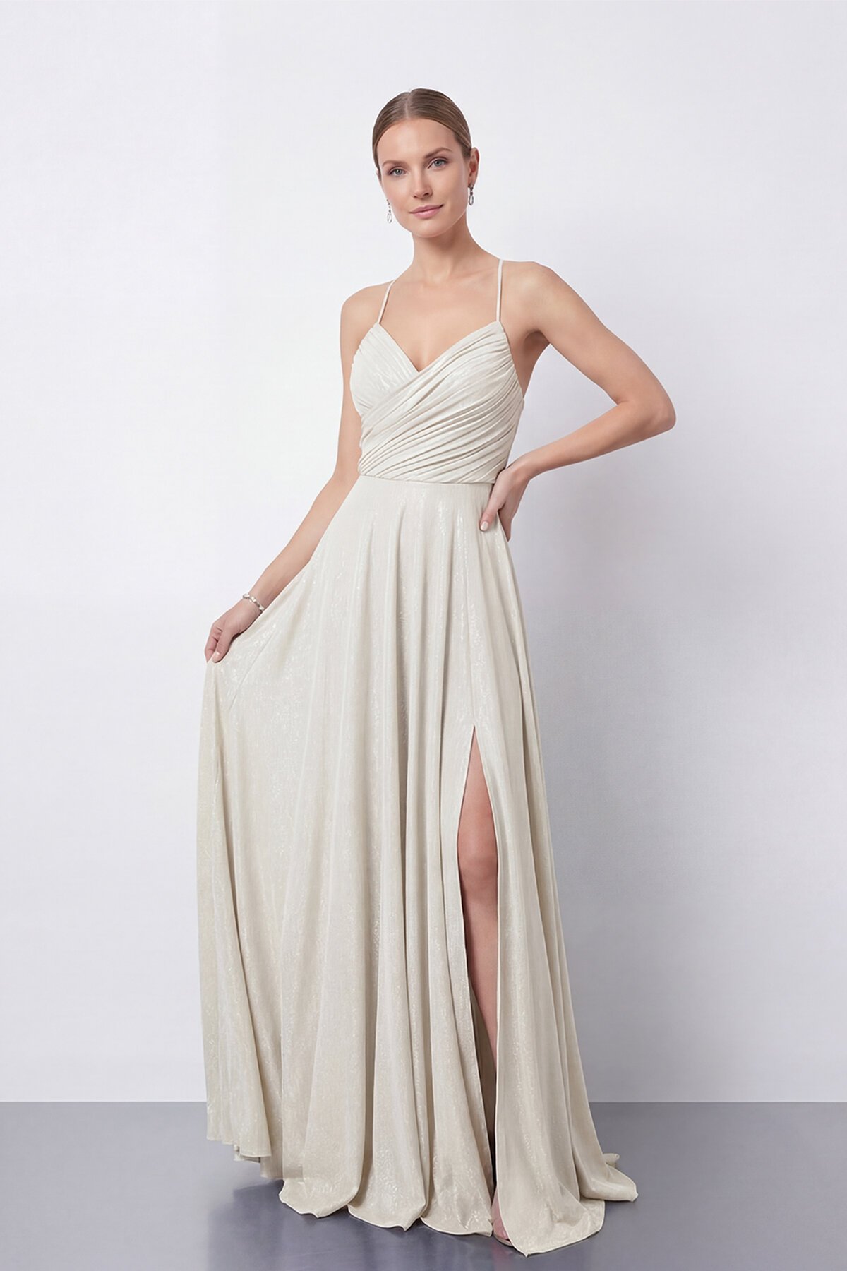 Işıltılı İp Askılı Drapeli Elbise - 2052