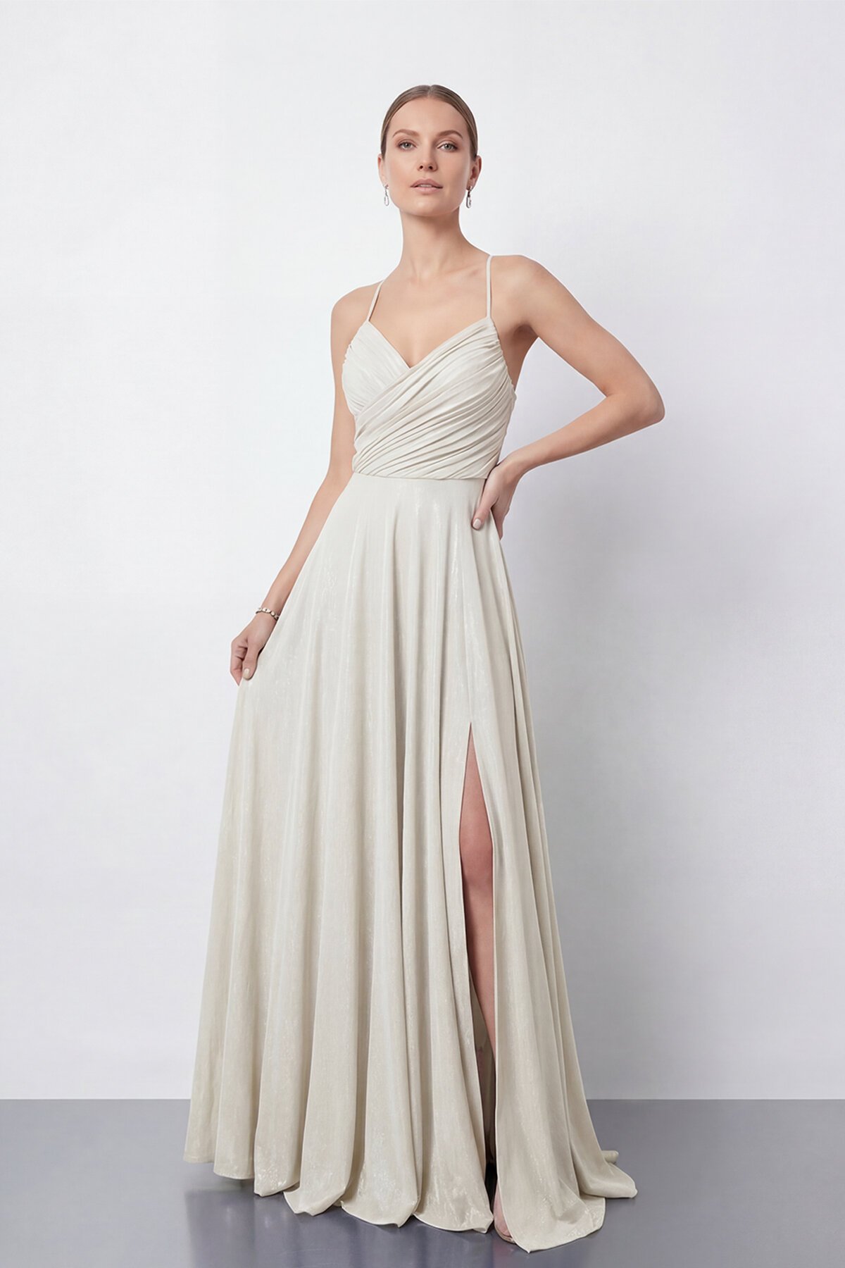 Işıltılı İp Askılı Drapeli Elbise - 2052