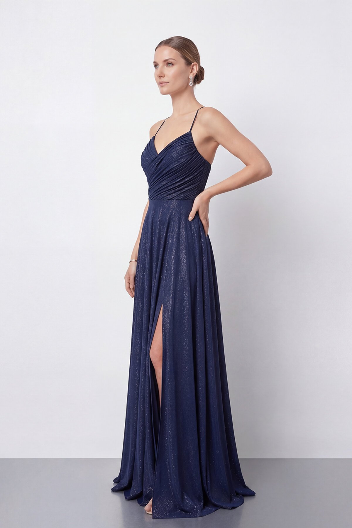 Işıltılı İp Askılı Drapeli Elbise - 2052