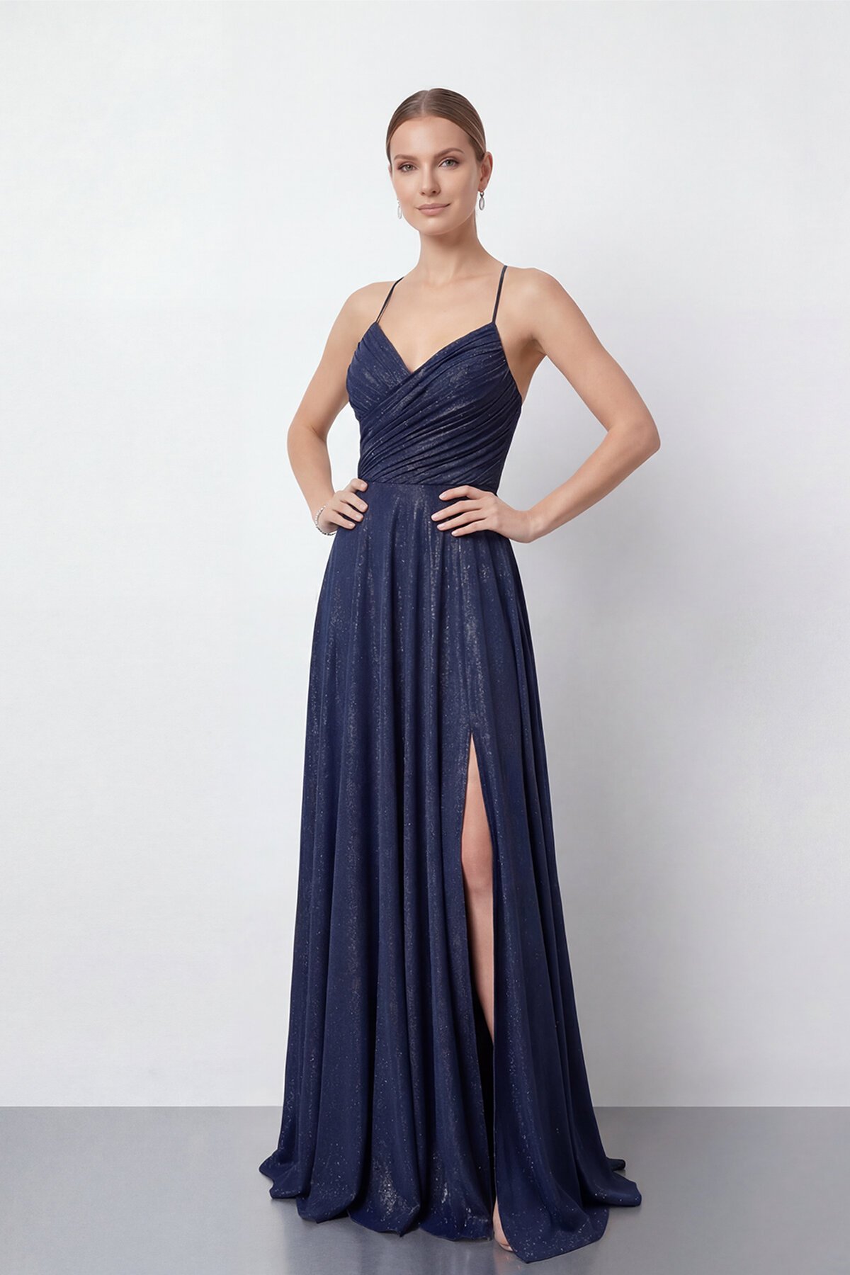 Işıltılı İp Askılı Drapeli Elbise - 2052