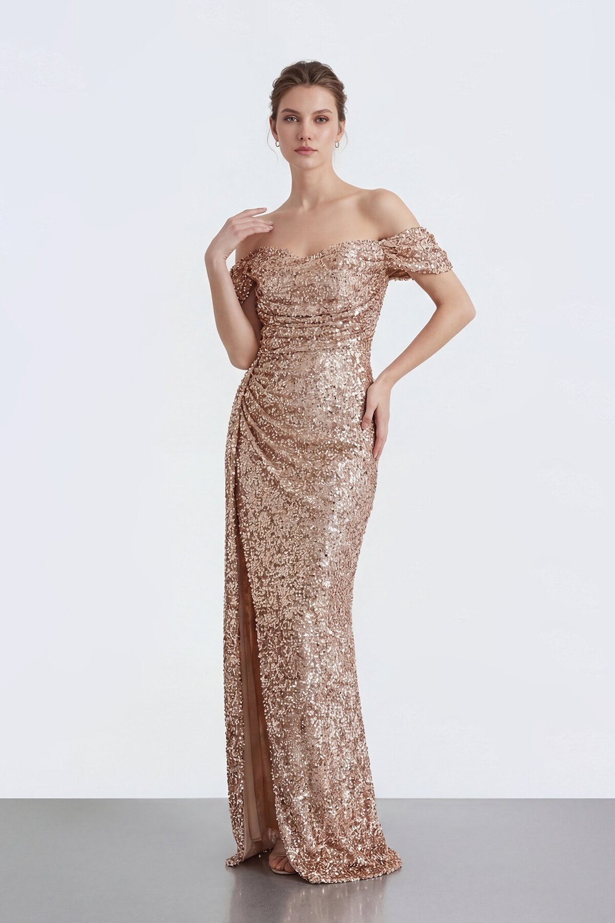 Işıltılı Payet Omzu Açık Drapeli Yırtmaçlı Abiye - 2134