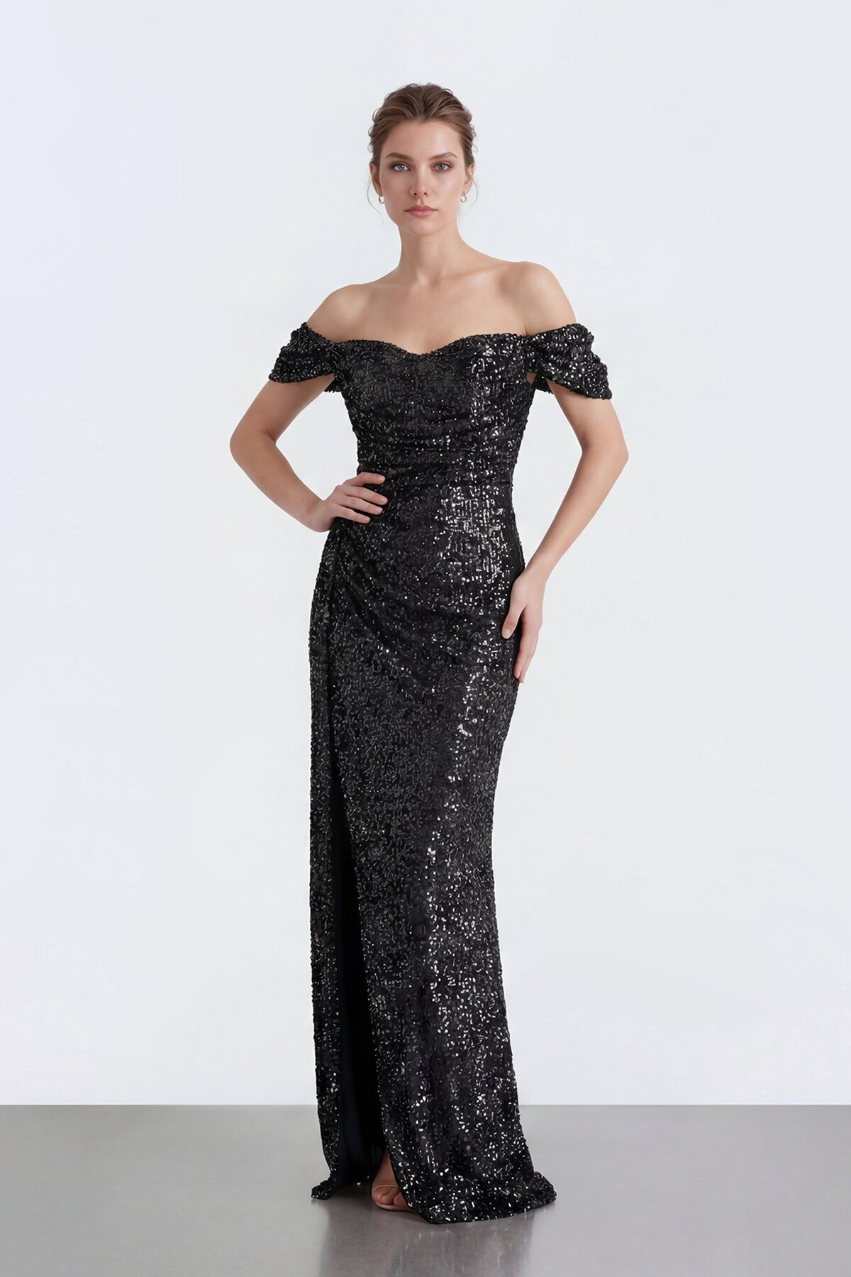 Işıltılı Payet Omzu Açık Drapeli Yırtmaçlı Abiye - 2134