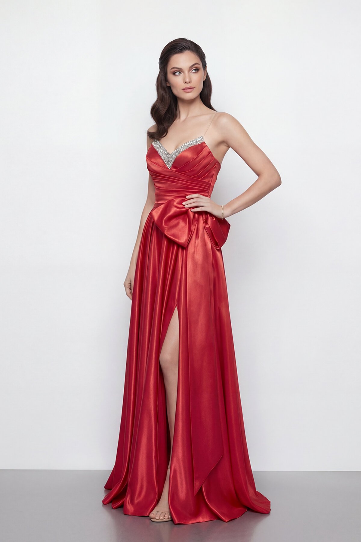 Işıltılı Yaka ve Fiyonk Detaylı Elbise - 2065