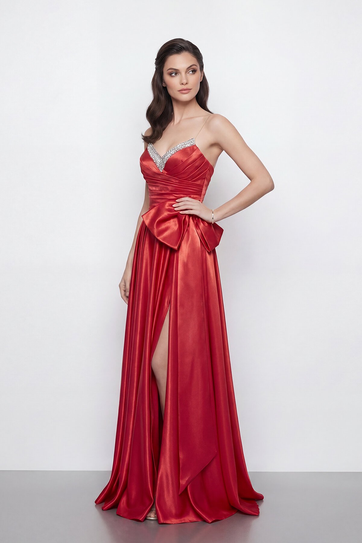 Işıltılı Yaka ve Fiyonk Detaylı Elbise - 2065